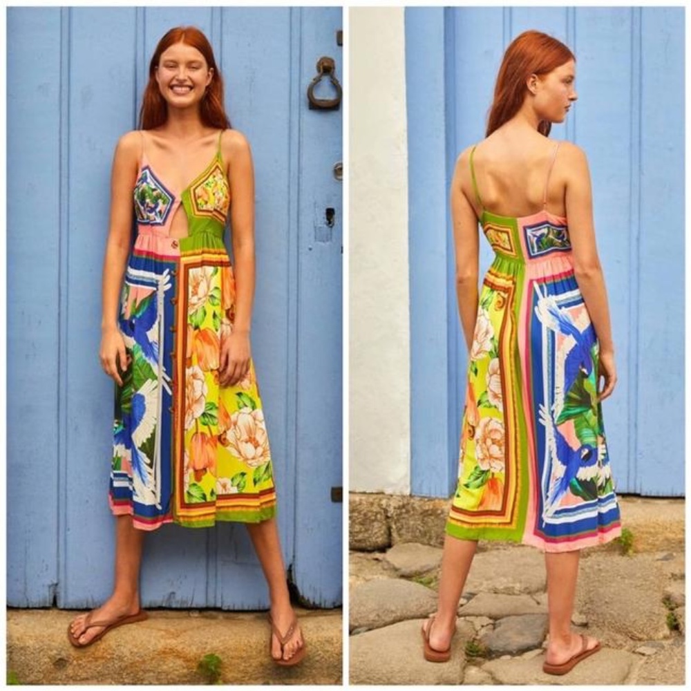 Farm Rio Tropical Multicolor Double Scarves Pastel Midi Casual Maxi Dress xl